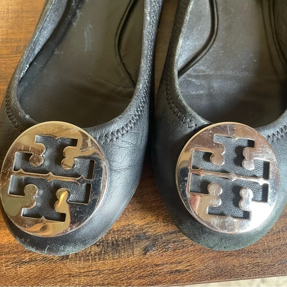 TORY BURCH Minnie Travel leather Ballet flats metal logo size 8